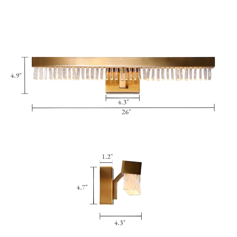 Modern Glam 1-Light LED Gold Bathroom Vanity Lights Textured Glass Wall Sconces - W 26" x H 4.9" x D 4.3"