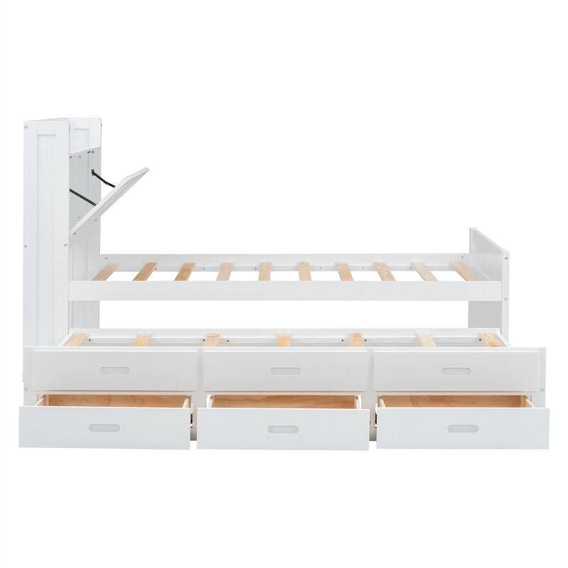 Wooden Platform Bed with Twin Size Trundle and 2 Drawers Underneath, Twin/Full Size Bed Frame with Storage Headboard and Outlets