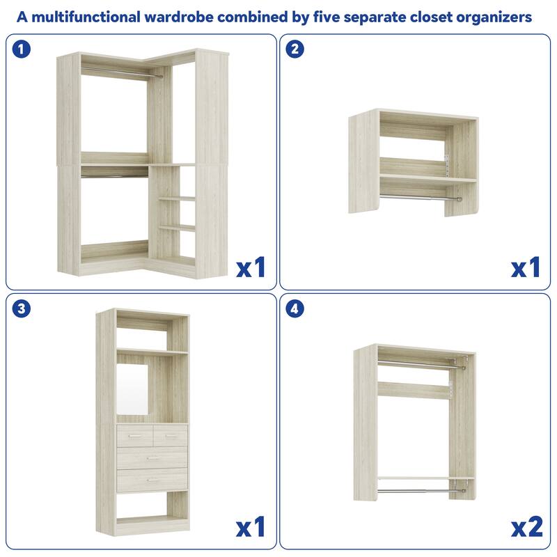 Set of 4/ 5 Modular Closet System with Drawers and Mirror, Corner Closet Organizer with Hanging Rods and Shelves
