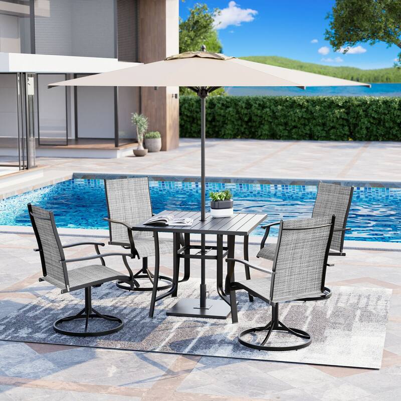 Patio Dining Set, Outdoor Dining Table and Chairs Set with Textilene Chairs, Adjustable Umbrella Hole for Garden, Backyard - 5 Piece - Grey-Swivel