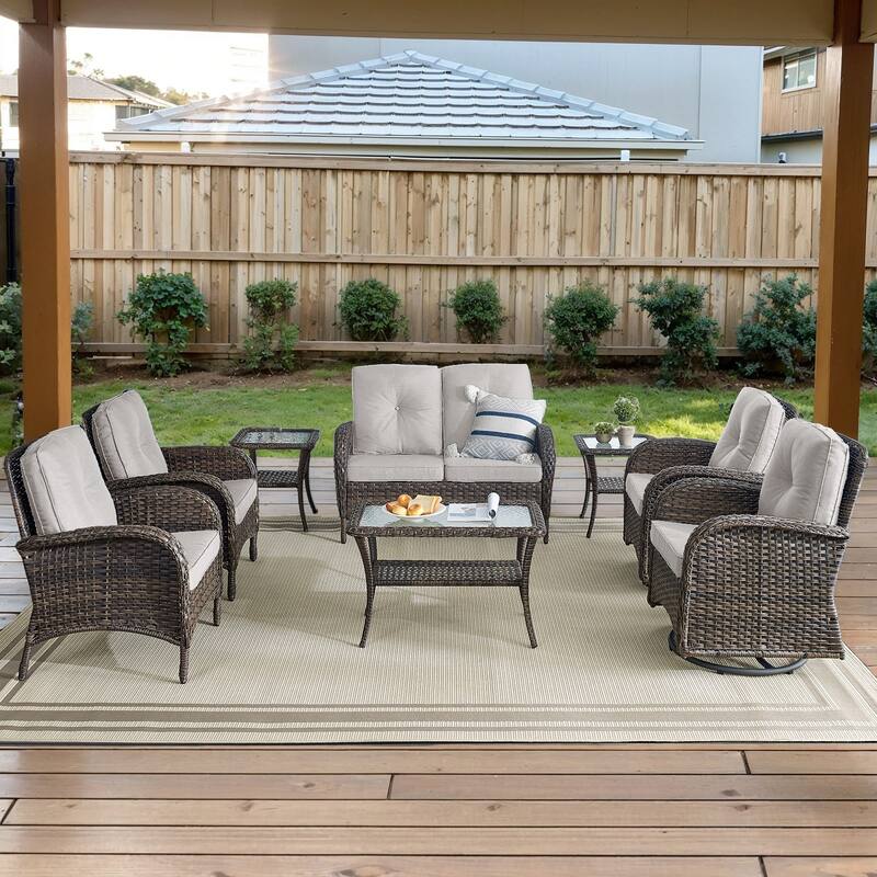 Outdoor Rocking Sofa with Club Chairs, Swivel Chair and Table - Brown - Beige