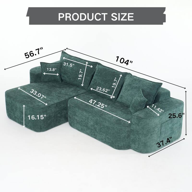 L Shaped Modular Sectional Sofa with Chaise Lounge, Chenille Upholstered Cloud Couch, Full Compressed Corner 4 Seat Sofa - Green