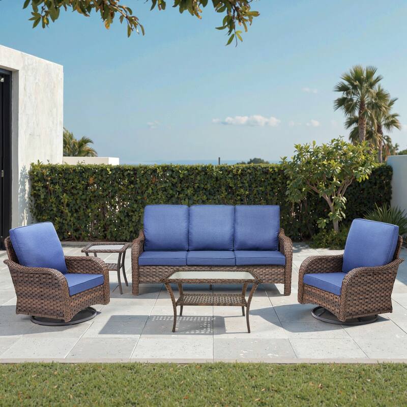 Cavira 5-Piece Outdoor Patio Brown Wicker Conversation Set with Olefin Cushions