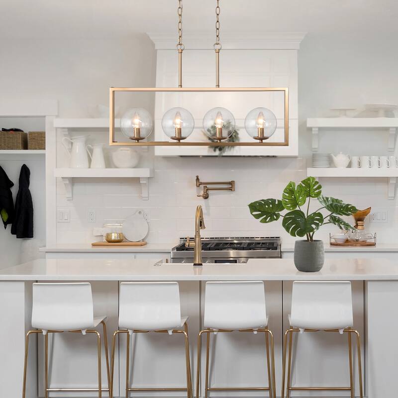 Modern Contemporary 4-Light Rectangle Chandeleir Transitional LED Dimmable Island light with Seeded Glass Globes