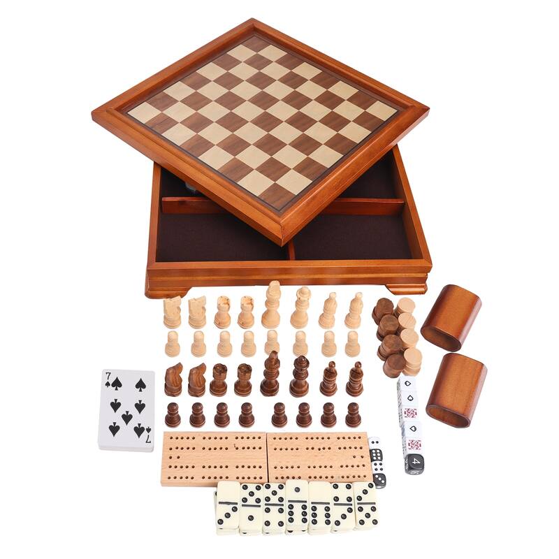 Deluxe 7-in-1 Chess/Checkers/Backgammon/Dominoes/Cribbage Board/Playing Card/Poker Dice Board Game Combo Set