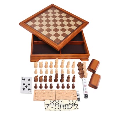Deluxe 7-in-1 Chess/Checkers/Backgammon/Dominoes/Cribbage Board/Playing Card/Poker Dice Board Game Combo Set