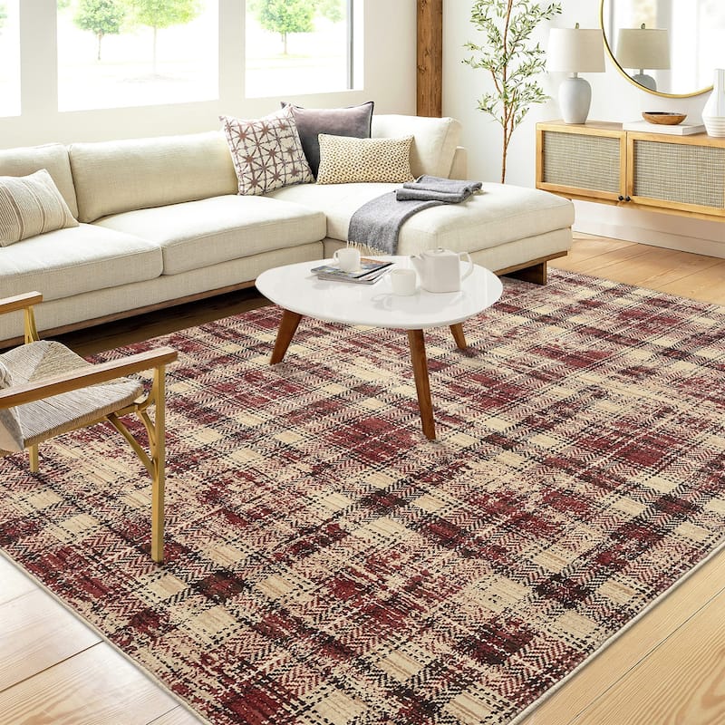 Garvee Earthy Plaid Soft Low Pile Foldable Area Rug