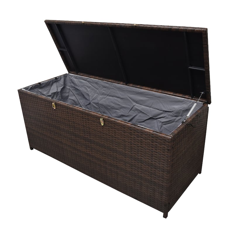 Indoor and Outdoor Balcony Patio Deck Porch Pool 113 Gallon Wicker Storage Box Trunk Bin with Metal Frame - N/A - Brown