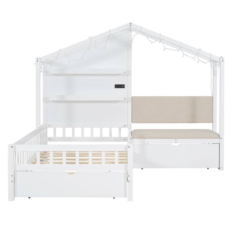 Twin Size House Bed with Upholstered Sofa, Charging Station, Wireless Charging, Shelves, and Drawers