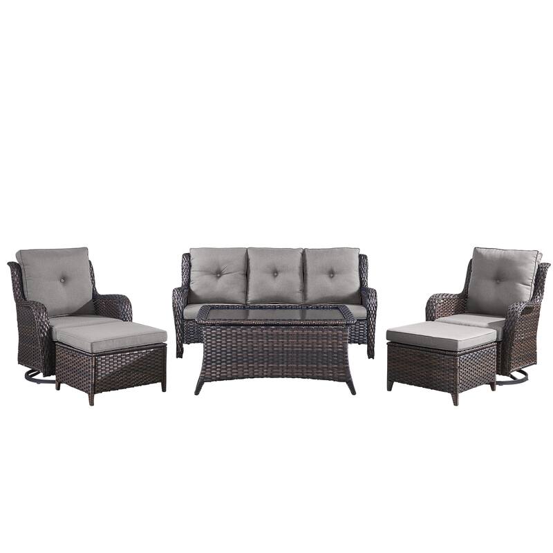 Pocassy Outdoor 6 Pieces 3-Seat Sofa Swivel Chairs Table Ottoman