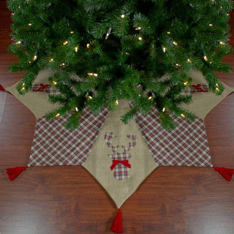 48" Red Brown Burlap Plaid Reindeer Christmas Tree Skirt with Tassels