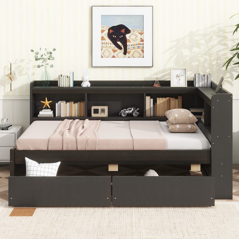 Twin Size L-shaped Bookcases Bed with Power Outlets, USB Charging Ports,Two Drawers