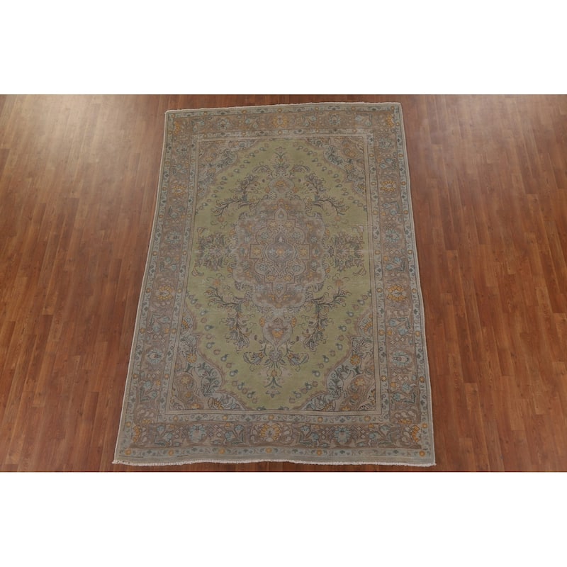 Green Distressed Tabriz Persian Antique Area Rug Handmade Wool Carpet - 6'6" x 9'8"