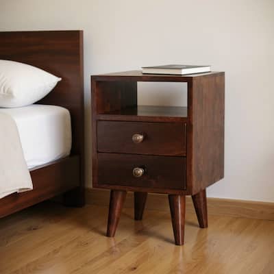 HomeRoots 20" Walnut Solid Wood Square Two Drawer Nightstand
