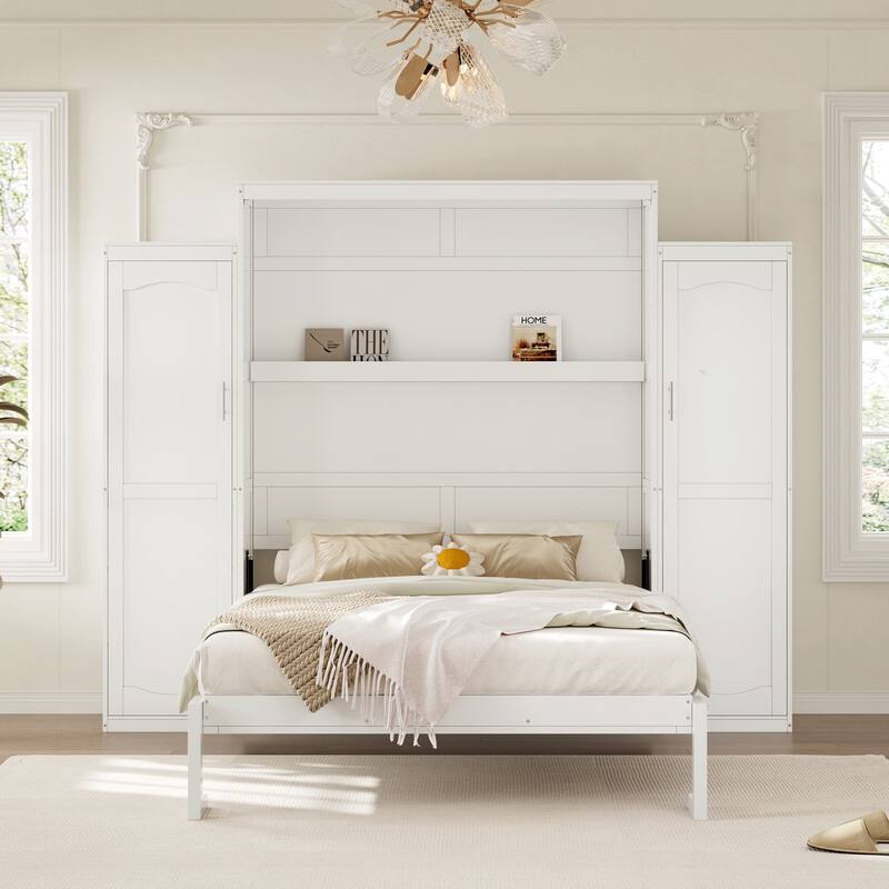 Queen Size Wood Murphy Bed with Two Wardrobe and Storage Shelf, Multifunctional Foldable Platform Bedframe