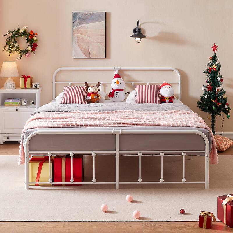 Javlergo Victorian Style Bed Frame with Arched Headboard & Footboard Twin/Full/Queen/King Size Metal Bed No Box Spring Needed - White - Queen