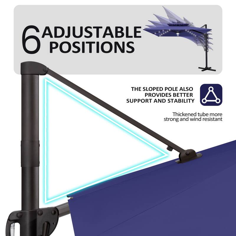 9 X 11 FT Outdoor Patio Cantilever Umbrella with Solar Lights Rod Wheel Base Double Canopy 360 Rotation Tilt