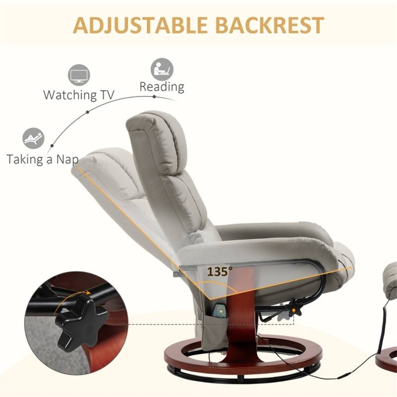 PU Leather Massage Recliner Chair Including Ottoman with Swivel Base and Adjustable Vibration - 28.75" W x 33" D x 40.25" H