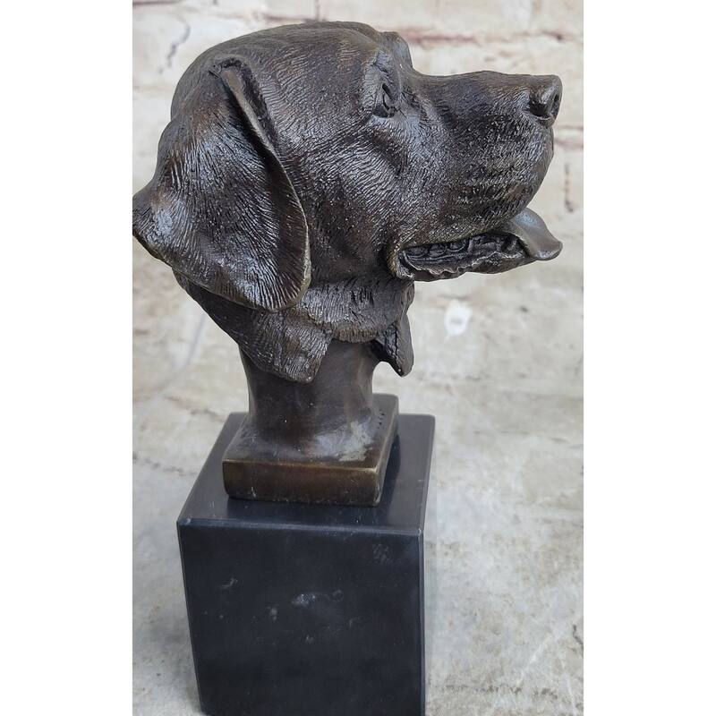Signed Original Happy Labrador Puppy Dog Bust Marble Base Sculpture Statue Decor