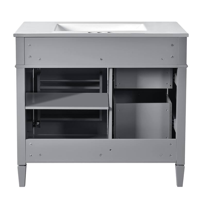 Modern Single Sink Bathroom Vanity Cabinet with Door Rack, Tip-out Drawer, 2 Pull-out Drawers, Metal Knobs and Adjustable Shelf