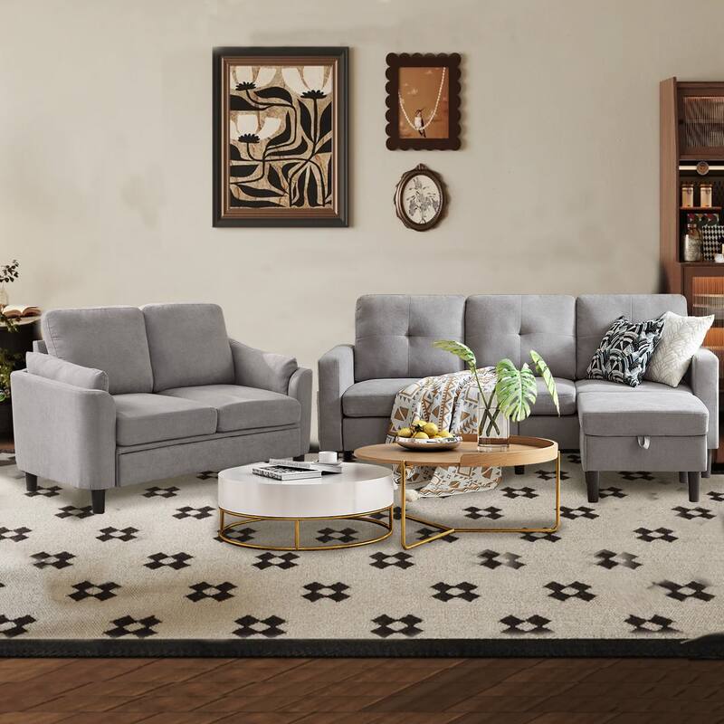 3 Pieces Living Room Set with Storage Ottoman - Light Grey