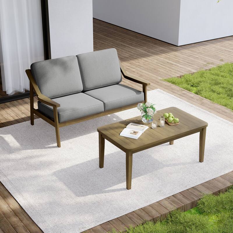 Outdoor Wood Teak Cushioned Patio 2 Seater Loveseat with Coffee Table