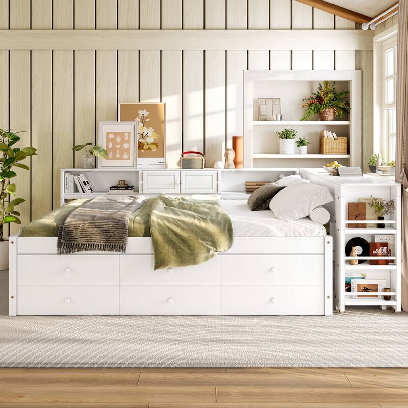 Full/Twin Daybed with Trundle & Storage Drawers - Wood Frame with Side Shelves and Desk - White - Full