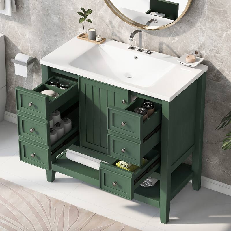 Modern 36" Freestanding Bathroom Vanity with Sink, Cabinet, Three Drawers, and Open Shelf
