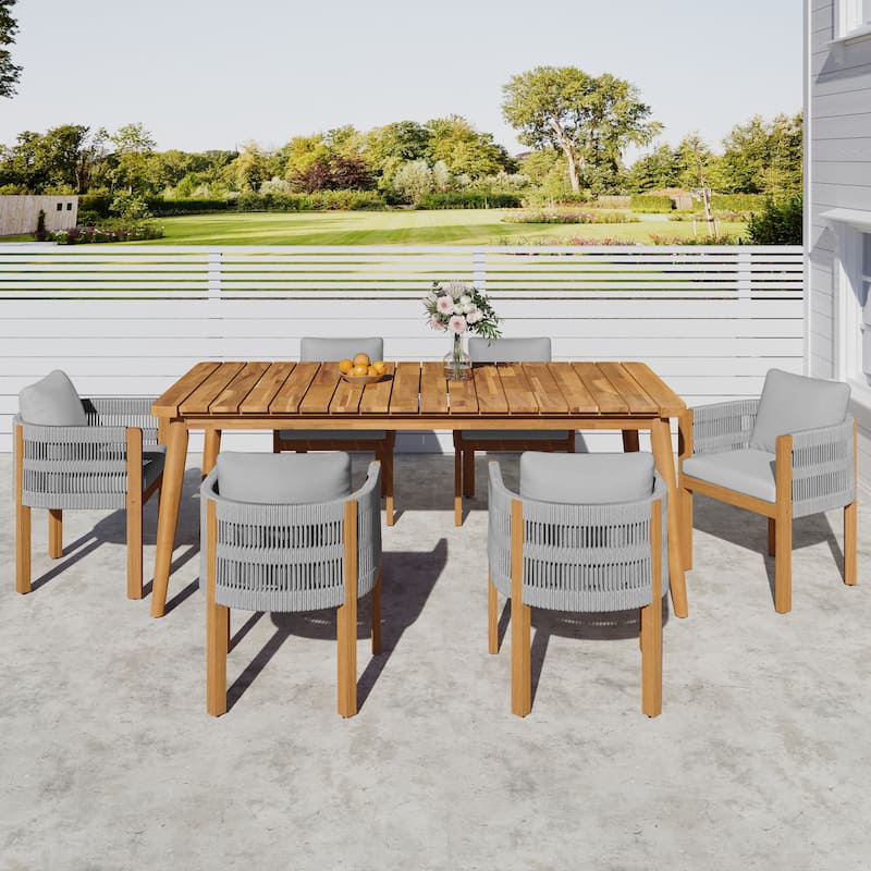 Christopher Knight Home - Kestrel Acacia Outdoor 7 Piece Dining Set with Slatted Tabletop and Washable Cushions