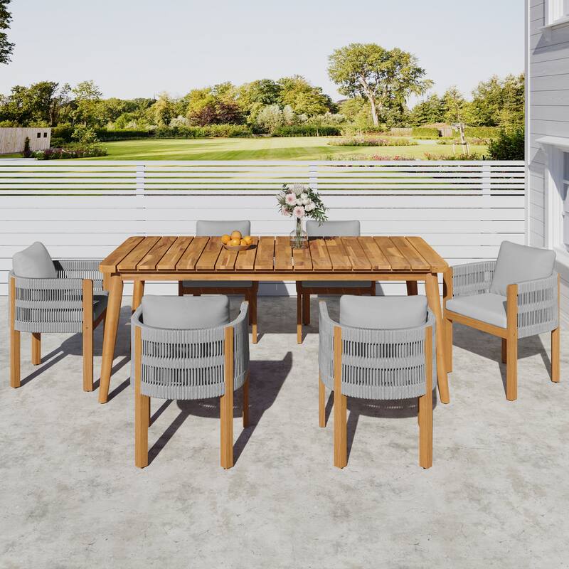 Roomfitters 7-Piece Outdoor Dining Set, Acacia Wood Patio Table and 6 Rope Woven Armchairs with Cushions - Gray,Teak