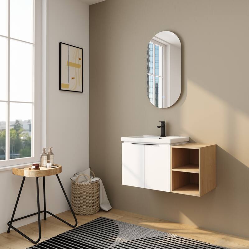 BNK 12/24/36/48/60 Inch Wall-Mounted Bathroom Vanity, Bathroom Cabinet with Doors or Side Shelves - 35.7''W - White-Ceramic Sink