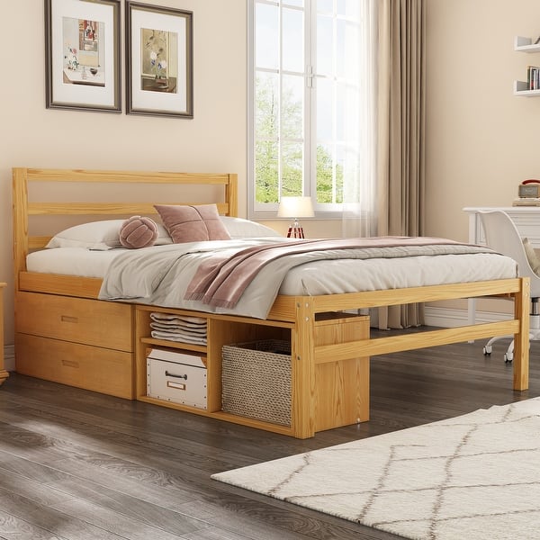 slide 2 of 10, Full Size Platform Bed with Removable Storage Shelves and 2 Storage Drawers Natural