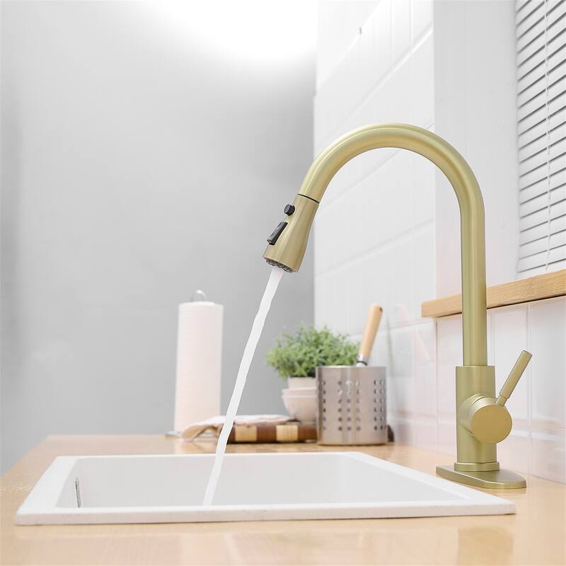 Kitchen Faucet with Pull-Out Sprayer & Deck Plate, Gold Nickel
