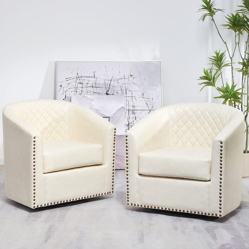 KINWELL 29" Wide Tufted PU Leather Swivel Barrel Chair (Set of 2) - White