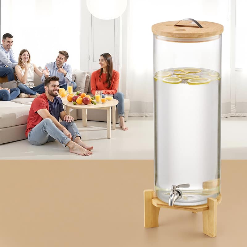 Transparent Borosilicate Glass Single Cylinder Beverage Dispenser 3.5 Gal with Wicker Stand - 9.06 x 9.06 x 26.77 in