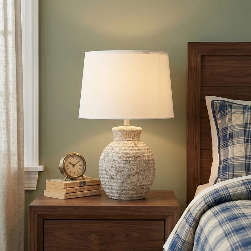 Acroma Textured Ceramic Table Lamp with White Linen Shade