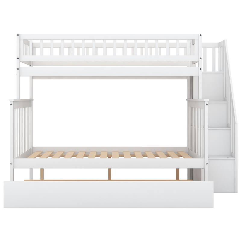 Twin Over Full Bunk Bed with Trundle and Storage Staircase, Space-Saving Design