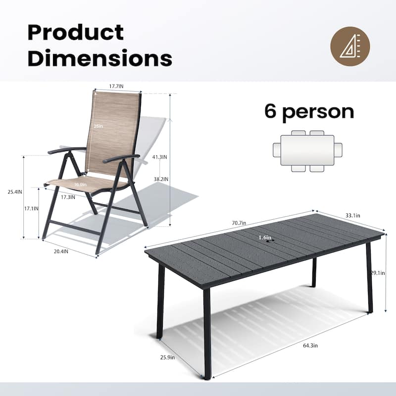 7PC Outdoor Patio Dining Set With Umbrella Hole Table Adjustable Folding Chairs - N/A