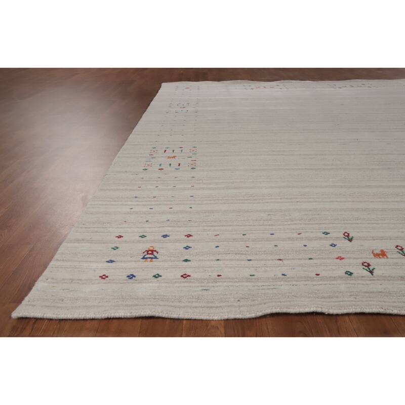 Hand Knotted Oriental 100% Wool Carpet Tribal Animal Pictorial Beige & Ivories Gabbeh Area Rug - 9' 11'' X 8' 1''