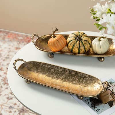 Glitzhome Set of 2 Rustic Fall Oval Metal Gold Decorative Trays with Handles -19"/21"L