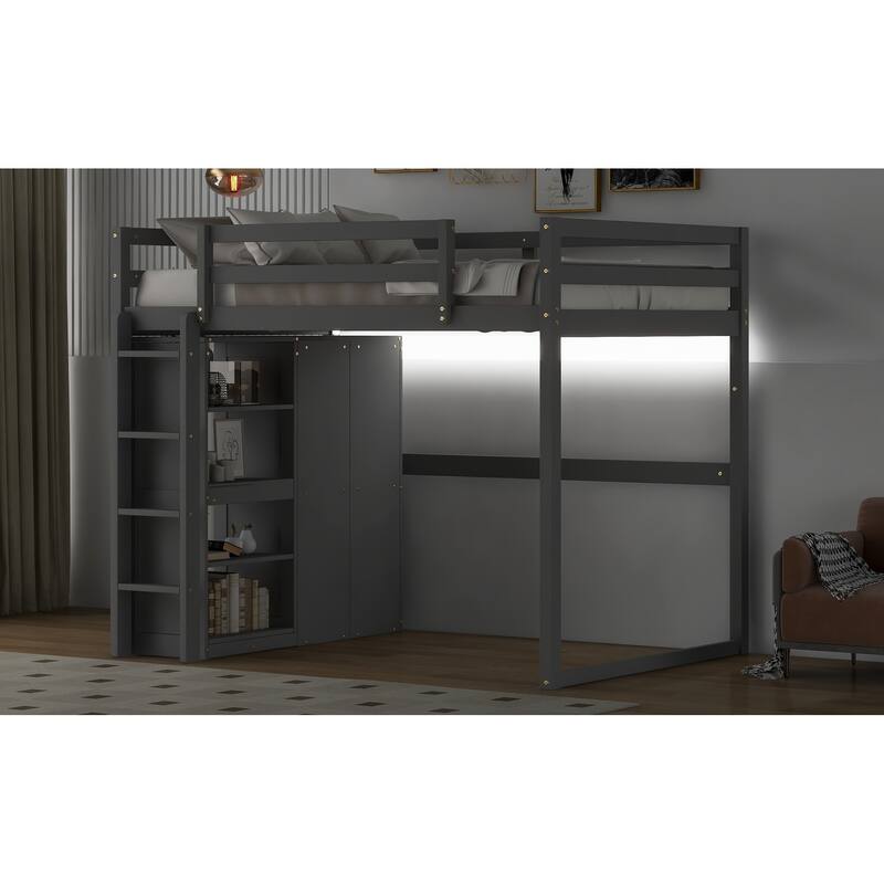 Full Size Loft Bed with Built-in Wardrobe, Storage Shelves & LED Lighting, Space-Saving Gray Wood Design