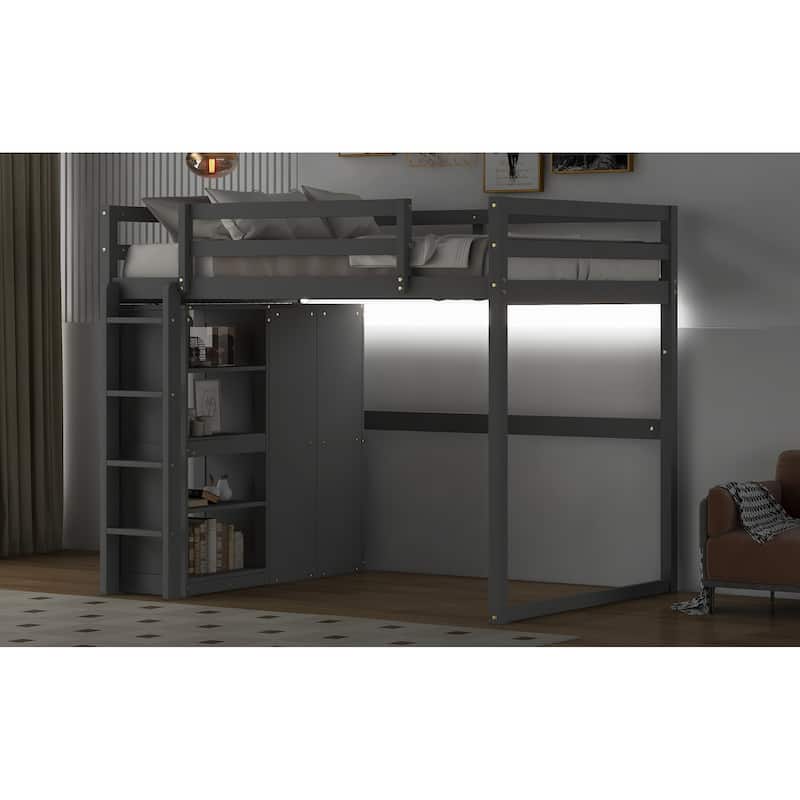 Gray Full Wood Loft Bed with Wardrobe & Storage Shelves