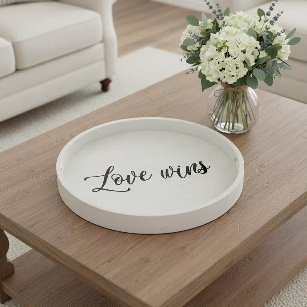HomeRoots 14" Gray And Black Love Wins Round Serving Tray With Handles - 13.75 in. x 1.65 in. x 13.75 in.
