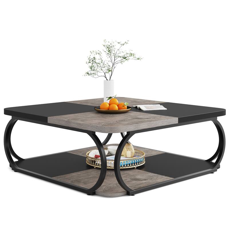 2-tier Square Coffee Table with Curved Metal Frame for Living Room