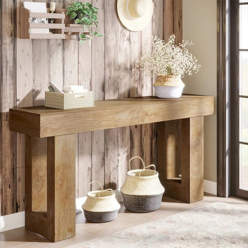 63 Inch Modern Rustic Entryway Console Table with Wood Finish and Legs for Hallway or Living Room - 63”L x 3.77”W x 33.46”H