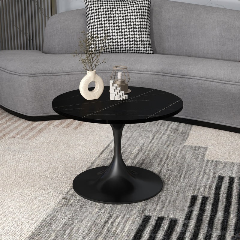 Verve Series 27" Round Coffee Table with Sintered Stone Tabletop and Black Steel Base for Living Room, Bedroom, or Apartment