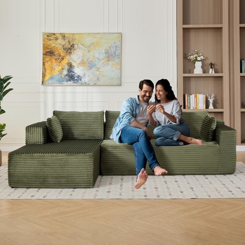 Modular L Shaped Sectional Sofa with Chaise Lounge, Corduroy Upholstered Boneless Sleeper Sofa, Compression Sofa with Deep Seat