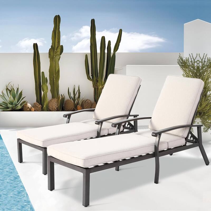 HOMEFUN Outdoor Aluminum Reclining 5-Position Adjustable Backrest Chaise Lounge(set of 2) with Cushion