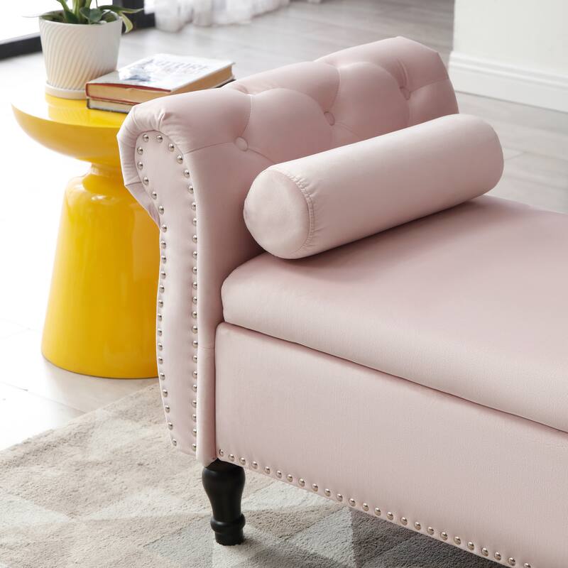 Elegant Light Pink Velvet Nailhead Trim Storage Ottoman Bench