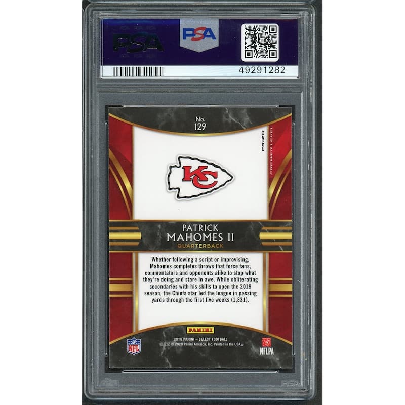 Patrick Mahomes 2019 Panini Select Silver Prizm Football Card #129 Graded PSA 10 GEM MINT - 8'6" x 11'6"